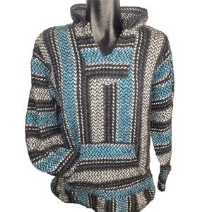 Baja Joe Black and Blue Striped Woven Pullover Hooded Mexican Poncho Sweater M